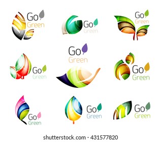 Hojas abstractas multicolores en el conjunto de logotipos de concepto de naturaleza. Ilustración del vector