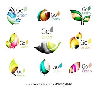 Hojas abstractas multicolores en el conjunto de logotipos de concepto de naturaleza. Ilustración del vector