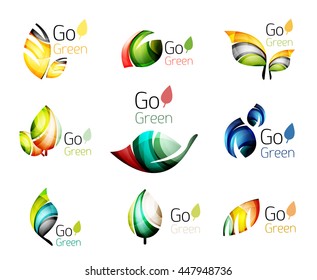 Hojas abstractas multicolores en el conjunto de logotipos de concepto de naturaleza. Ilustración del vector