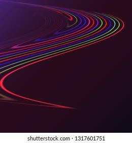 Multicolored abstract magic energy electrical spiral twisted cosmic fiery parallel lines, stripes shining glowing, rays of light on a colored background. Vector illustration. Texture.