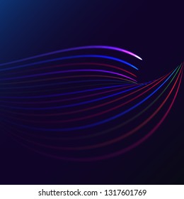 Multicolored abstract magic energy electrical spiral twisted cosmic fiery parallel lines, stripes shining glowing, rays of light on a colored background. Vector illustration. Texture.