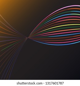 Multicolored abstract magic energy electrical spiral twisted cosmic fiery parallel lines, stripes shining glowing, rays of light on a colored background. Vector illustration. Texture.