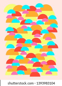 Multicolored, abstract pattern of semicircles on a light pink background. Backdrop in letter format