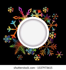A multi-colored abstract round frame of a snowflake. Vector illustration