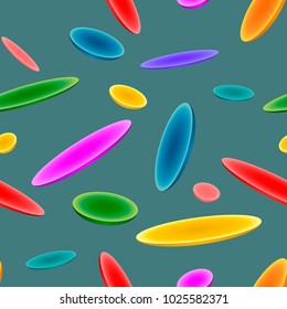 Multicolored abstract seamless pattern, colorful oval semitransparent flying plates, bright vector background