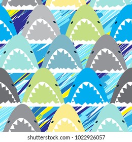 Multicolored Abstract seamless pattern with sharks.Grunge modern background for boys and girls,  For prints, T-shirts, textiles,fabric, web. Urban bright wallpaper.