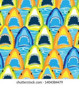 Multicolored Abstract seamless pattern with sharks.Grunge modern background for boys and girls,  For prints, T-shirts, textiles,fabric, web. Urban bright wallpaper.