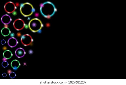 Multicolored abstract shiny beautiful colored neon glowing circles, bubbles, rings with glare of light and bright stars on a black background and space for a simple text. Vector illustration