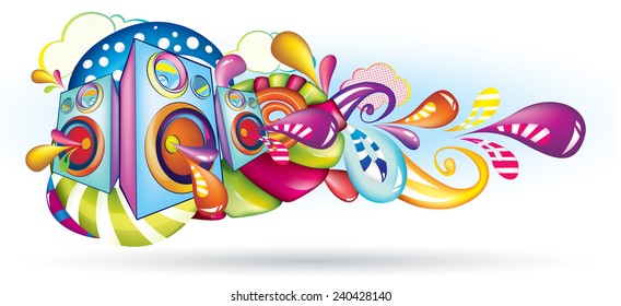 Multicolored abstract speakers with clouds in background