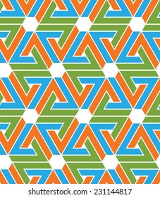 Multicolored abstract textured geometric seamless pattern with hexagons and zigzags. Vector psychedelic textile backdrop.