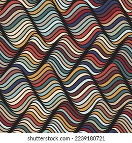 Multicolored abstract waves with yellow, green, red, and blue stripes on a black background. Seamless geometric pattern. Wavy vector illustration.