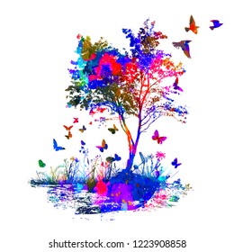 Multicolored abstraction with a tree of birds and butterflies