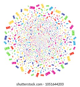 Multicolored Airticket explosion spheric cluster. Vector globula salute done by scattered airticket elements. Multicolored Vector abstraction.