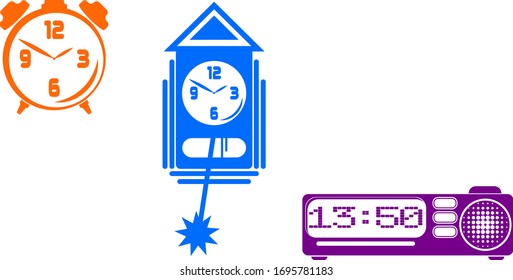 despertador multicolor, reloj mecánico con péndulo, radio despertador eléctrico sobre fondo blanco. conjunto de imágenes vectoriales
