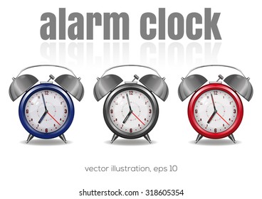 Multicolored alarm clocks on a white background, vector illustration.