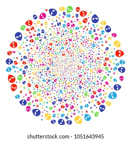 Multicolored Alien Face festive sphere. Vector spheric cluster burst combined from scatter alien face elements. Bright Vector abstraction.