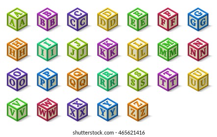 Multicolored Alphabet Or Abc Blocks In Isometric Style, From A To Z