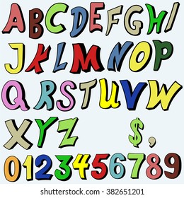 Multicolored alphabet in cartoon style. Isolated on blue background. Vector silhouettes