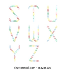 Multicolored alphabet of colored paper clips. The letters S, T, U, V, W, X, Y,Z. Vector illustration.