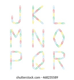 Multicolored alphabet of colored paper clips. The letters J, K, L, M, N, O, P, Q, R. Vector illustration.