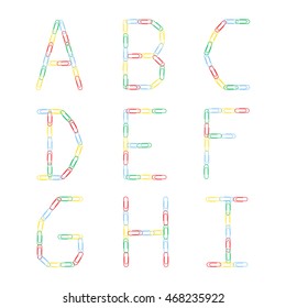 Multicolored alphabet of colored paper clips. The letters A, B, C, D, E, F, G. H. I. Vector illustration.