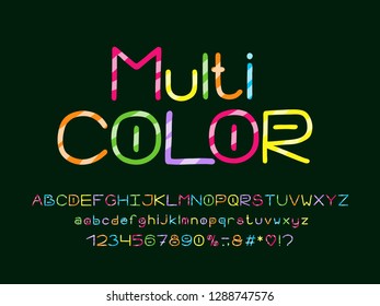 Multicolored Alphabet with diagonal decorative lines. Vector letters, numbers and punctuation marks