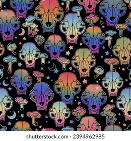 Multi-colored animal skulls and mushrooms on a black background. Vector seamless pattern