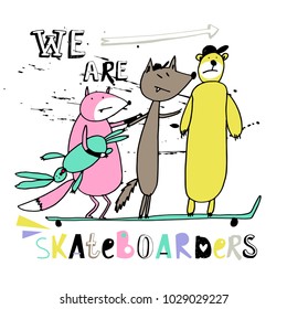 Multi-colored animals skateboarders