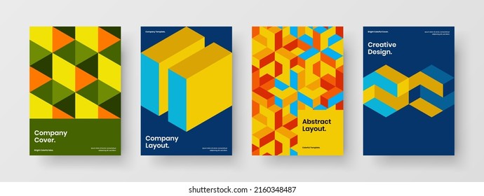 Informe anual multicolor Composición de diseño de vectores de diseño A4. Colección de ilustraciones de folletos de formas geométricas aisladas.