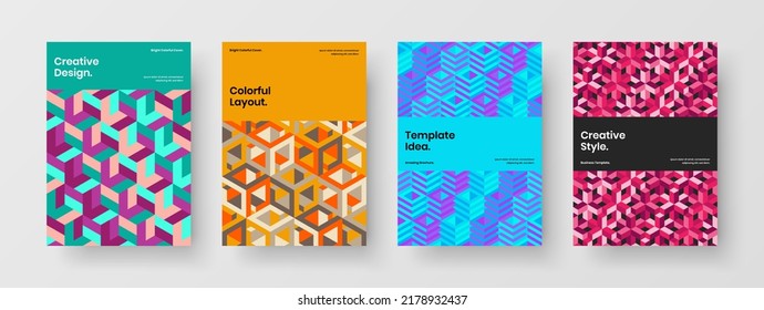 Multicolored annual report design vector layout composition. Minimalistic geometric tiles presentation illustration bundle.