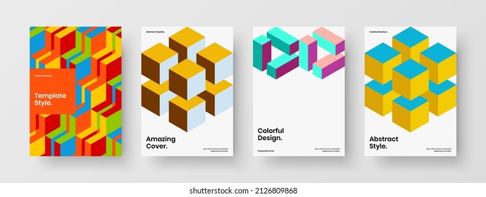 Multicolored annual report vector design concept set. Unique geometric hexagons brochure template collection.