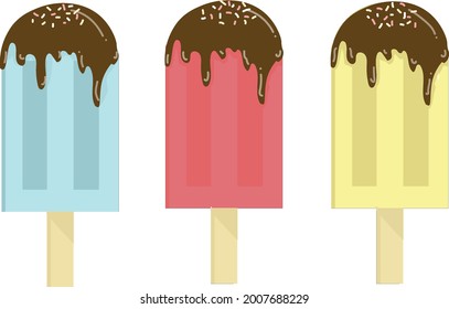 Multicolored antique ice cream sticks coated with rich chocolate on a white background vector illustration.