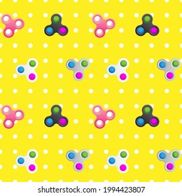 Multicolored antistress toy simple dimple and pop it seamless pattern on a yellow background. Vector illustration