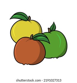 Multicolored apples with green leaves, vector illustration in cartoon style on a white background