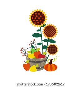 
Multicolored apples in a round wooden tub, pumpkin, branches with berries and sunflowers.Farmhouse Decor. Vector illustration on a white background. It's Fall Y'all.
