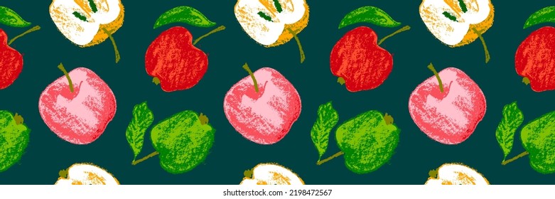 Multicolored apples seamless pattern. Vector color apple background with fruit pencil drawings for vegan banner, juice, baby food packaging, jam label design. Cider badge backdrop. Organic food design