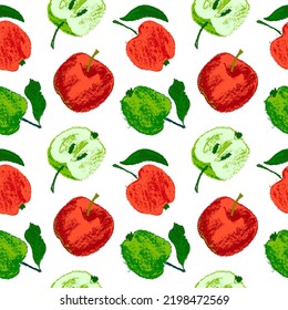 Multicolored apples seamless pattern. Vector color apple background with fruit pencil drawings for vegan banner, juice, baby food packaging, jam label design. Cider badge backdrop. Organic food design