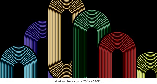Multicolored arched lines create a vibrant, geometric abstract pattern against a black background. The design features parallel lines forming rainbowlike arcs in various colors.