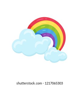 Multicolored arched rainbow with blue fluffy clouds. Cartoon weather symbol. Flat vector for print, mobile app or children book