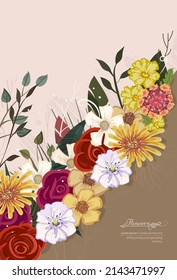 Multi-colored arrangement of flowers on a white background to decorate holiday cards for wedding, birthday, 