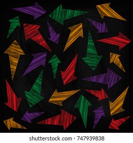 Multicolored arrows in different directions. Drawing chalk on a blackboard