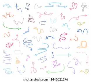 Multicolored arrows isolated on white. Set of sketchy indicator signs. Hand drawn simple pointers. Line art