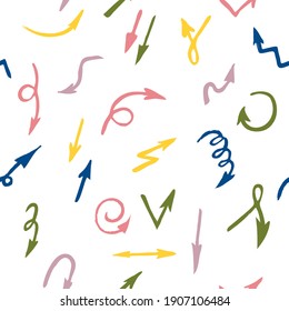 Multicolored arrows seamless pattern, different shapes of pencil line drawing. arrows icons doodle freehand sketch. Vector illustration isolated on white background.