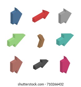 Multicolored arrows of various shapes, isolated on white background. Flat 3D isometric style, vector illustration.