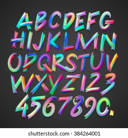 Multicolored art alphabet and numbers, vector illustration.