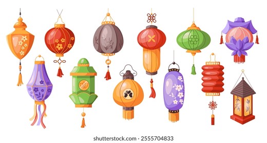 Multicolored Asian lanterns decor flat color vector objects set. Festive paper lamps of oriental culture illustrations bundle on white background