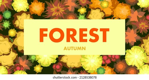 Vista panorámica del paisaje multicolor del otoño. Escena con árboles y arbustos amarillos y naranjas de altura. Sobre el campo. Ilustración de estilo de dibujos animados. Vector.