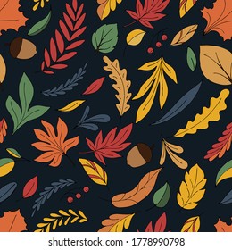 hojas de otoño multicolores y bellotas sobre un fondo azul en forma de doodle, bosque de otoño brillante, herbario