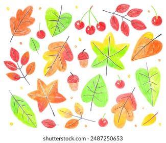 Mehrfarbige Herbstblätter, Blattfall, Eicheln, Beeren. Doodle Zeichnung von Hand mit Buntstiften. Zeichnungen mit Buntstift. Nette Kinderzeichnungen. Rote, gelbe, grüne und orange Blätter.