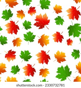 Multicolored autumn seamless pattern of autumn maple leaves on a white or transparent background
